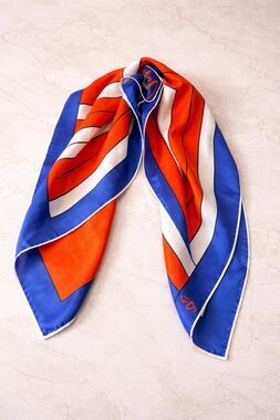 Vtg Vera Neumann Silk Scarf 26x26 Orange Blue Geometric Mod Square Handrolled
